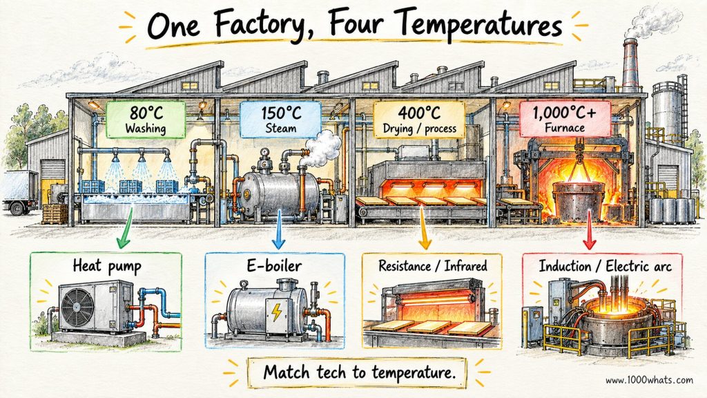 Industrial heat infographic matching 80°C washing, 150°C steam, 400°C drying, and 1,000°C furnace heat with different electric technologies.