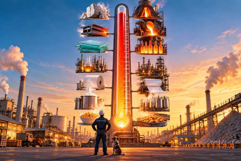 Industrial heat featured image with a giant thermometer surrounded by food, paper, chemical, glass, metal, cement, and steel processes.