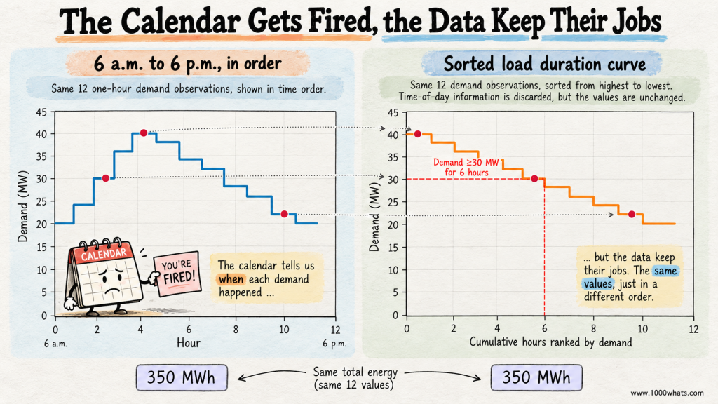Load duration curve infographic comparing 12 hourly electricity demand values in chronological order with the same values sorted from highest to lowest.