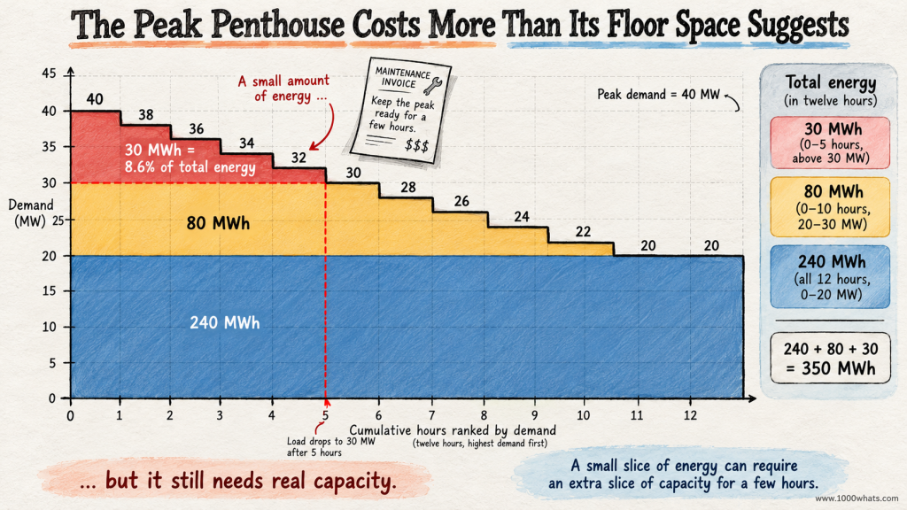 Load duration curve showing a 40 MW peak and how a small amount of high-demand energy can require additional generation capacity for a few hours.