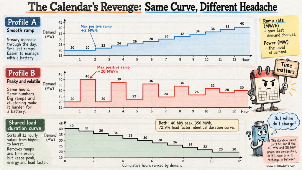Load duration curve comparison showing two chronological demand profiles with identical demand values but very different ramping patterns.