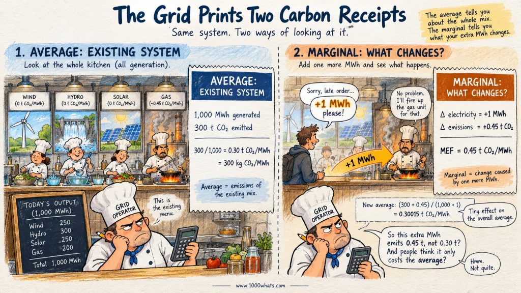 Average versus marginal emissions factor infographic comparing 1000 MWh and 300 tonnes of CO2 with one extra MWh adding 0.45 tonnes.
