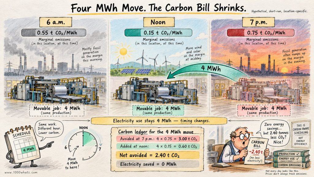 Marginal emissions infographic showing 4 MWh factory electricity demand shifted from evening to noon and 2.40 tonnes of CO2 avoided.