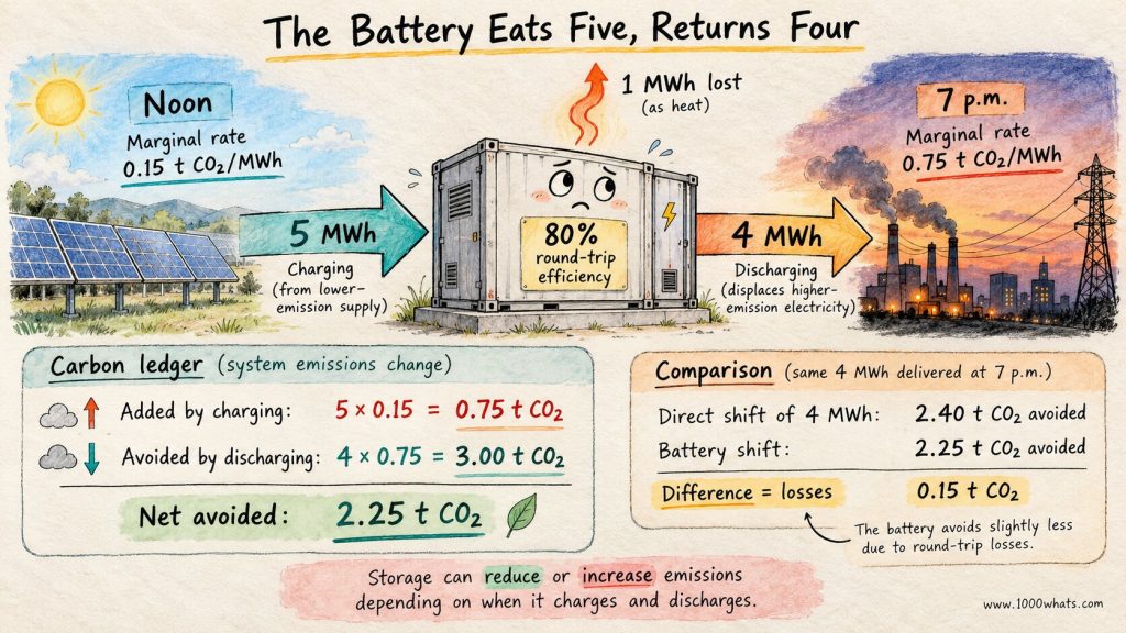 Battery marginal emissions infographic showing 5 MWh charging, 4 MWh discharging, 80 percent round-trip efficiency and 2.25 tonnes of CO2 saved.