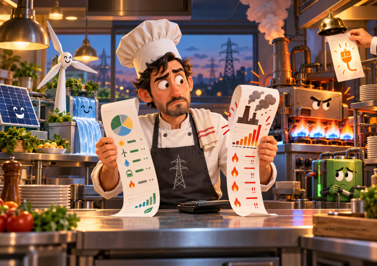 Marginal emissions factor featured image showing a chef comparing clean and fossil electricity carbon receipts in a power-grid kitchen.