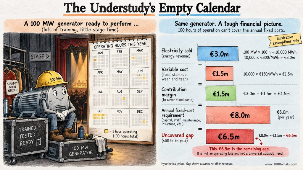 Missing money problem infographic showing a 100 MW generator with very few operating hours and a large uncovered annual fixed-cost gap.