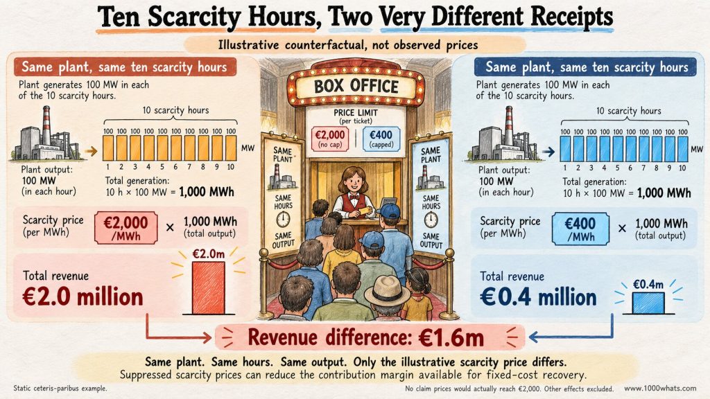 Missing money problem example comparing revenues for the same generator under high scarcity prices and capped scarcity prices.