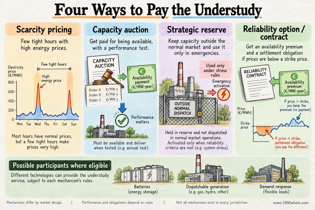 Missing money problem infographic comparing scarcity pricing, capacity auctions, strategic reserves and reliability contracts.