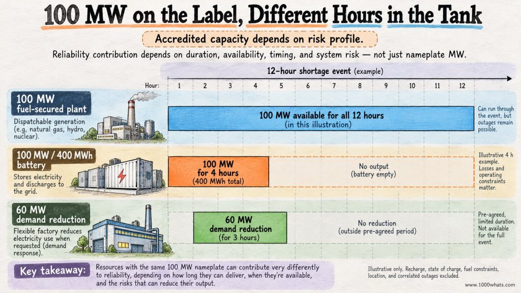 Missing money problem diagram comparing reliability contributions of a 100 MW generator, a four-hour battery and demand response during a shortage event.