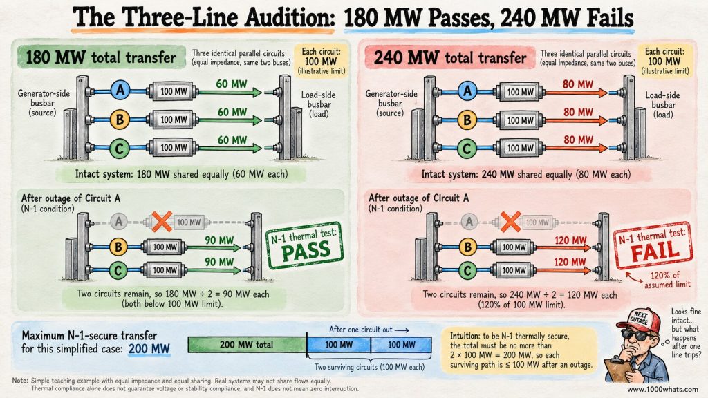 N-1 criterion infographic comparing 180 MW and 240 MW transfers across three parallel 100 MW circuits after one circuit outage.