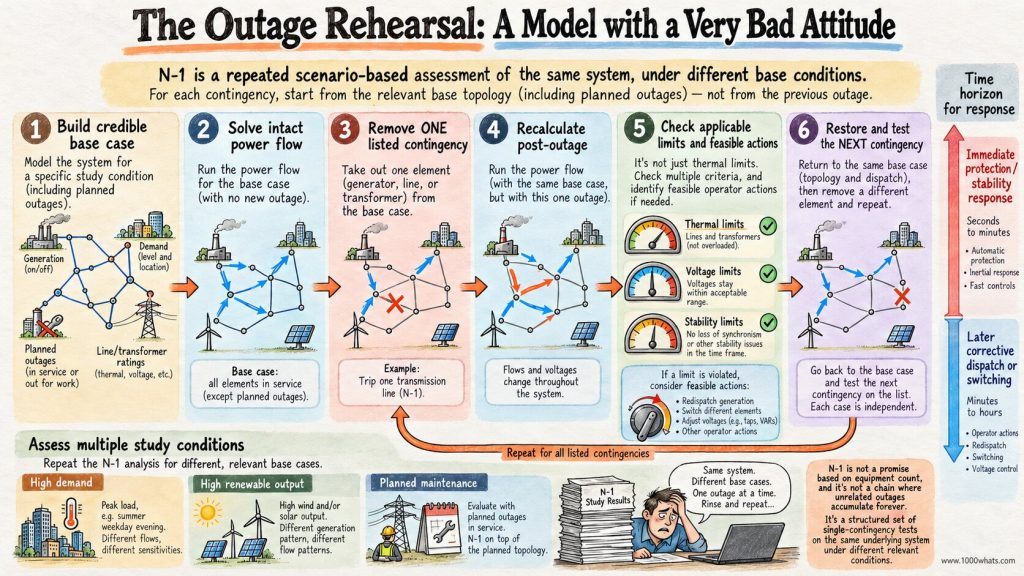 N-1 criterion process showing base-case modelling, removal of one contingency, post-outage power-flow calculation, limit checks and repetition for other outages.