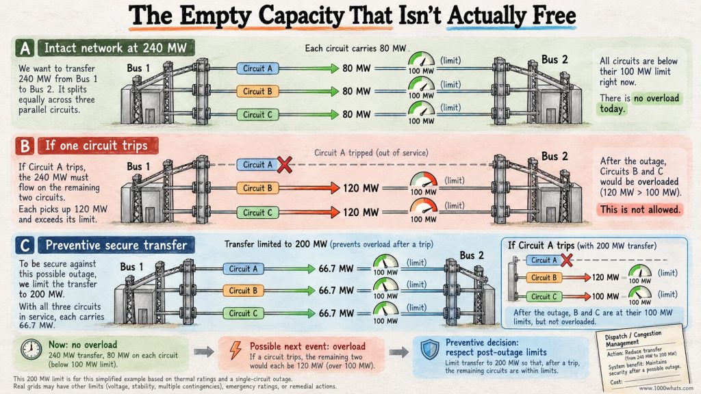 N-1 criterion diagram showing why an intact 240 MW transfer is reduced to 200 MW so remaining circuits stay within limits after one outage.