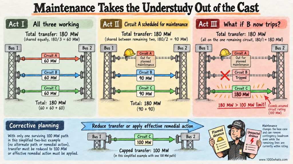 N-1 criterion infographic showing one circuit out for planned maintenance and how a second outage can overload the remaining transmission circuit.