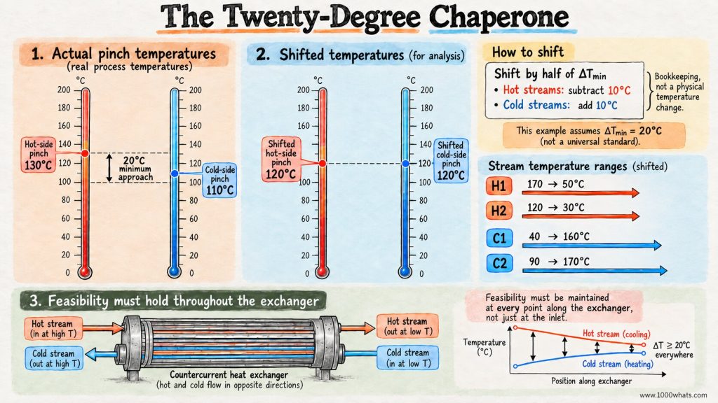 Pinch analysis illustration showing a 20°C minimum temperature approach, shifted hot and cold stream temperatures, and a countercurrent heat exchanger.