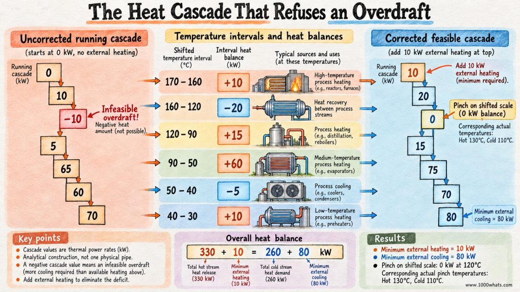 Pinch analysis heat cascade showing an infeasible negative balance corrected with 10 kW of external heating and resulting minimum heating and cooling targets.