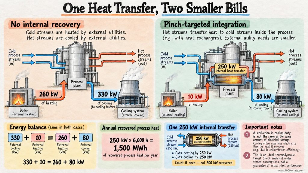 Pinch analysis comparison showing 250 kW of internal heat recovery reducing both external process heating and cooling requirements.