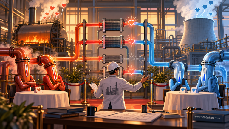 Pinch analysis featured image showing personified hot and cold process streams being matched through industrial heat exchangers for heat recovery.