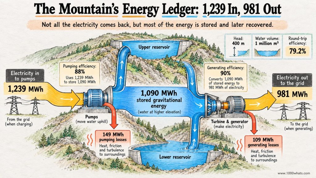 Pumped-storage hydropower energy balance showing 1,239 MWh used for pumping, 1,090 MWh stored and 981 MWh returned to the grid at 79.2% round-trip efficiency.