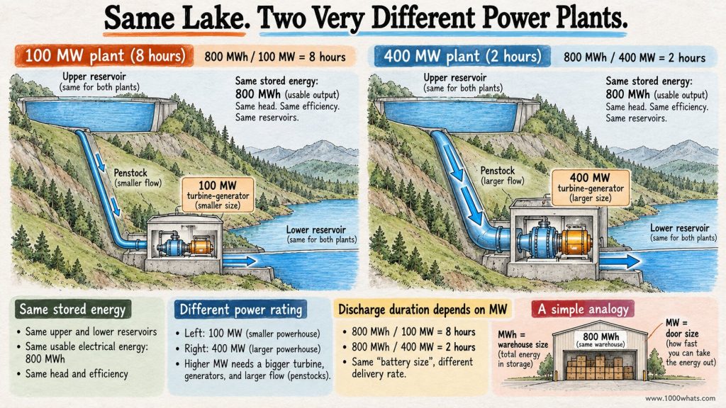Pumped-storage hydropower comparison showing the same 800 MWh reservoir serving a 100 MW plant for eight hours or a 400 MW plant for two hours.