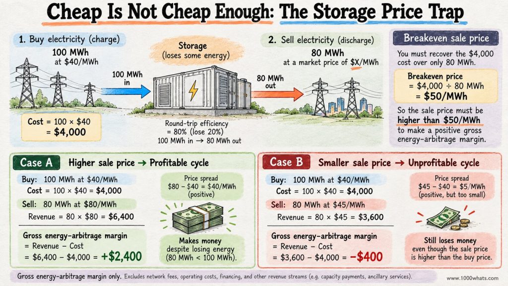 Pumped-storage hydropower arbitrage example showing how 80% round-trip efficiency raises the breakeven sale price above the original electricity purchase price.