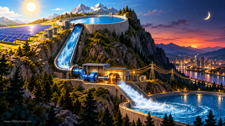Pumped-storage hydropower featured image with upper and lower mountain reservoirs, a turbine-generator, solar panels and a city supplied with electricity at night.