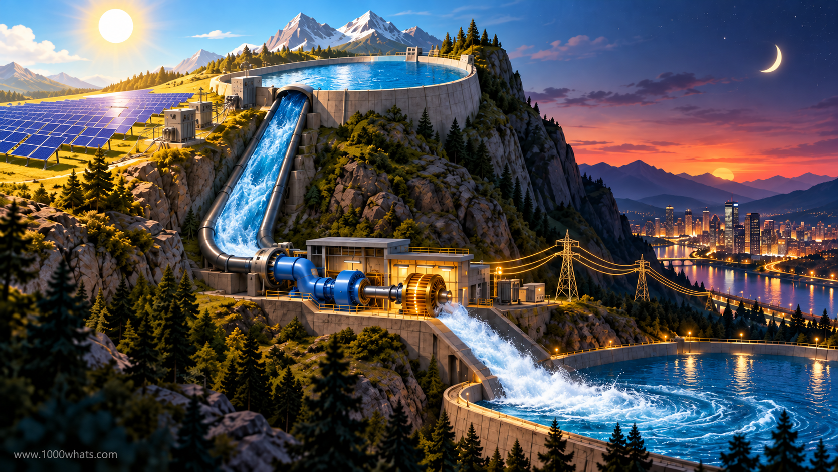 Pumped-storage hydropower featured image with upper and lower mountain reservoirs, a turbine-generator, solar panels and a city supplied with electricity at night.