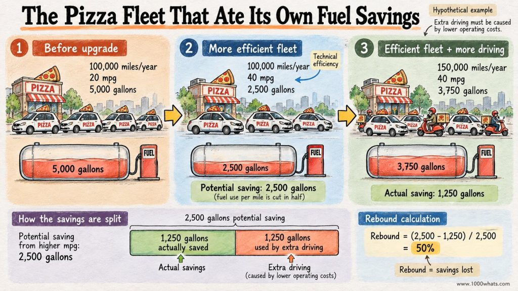 Rebound effect example showing a pizza delivery fleet becoming more fuel efficient but driving more miles, reducing expected fuel savings by 50%.