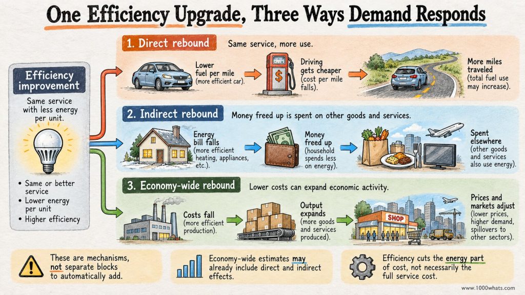 Rebound effect diagram comparing direct, indirect and economy-wide responses to an energy efficiency improvement.