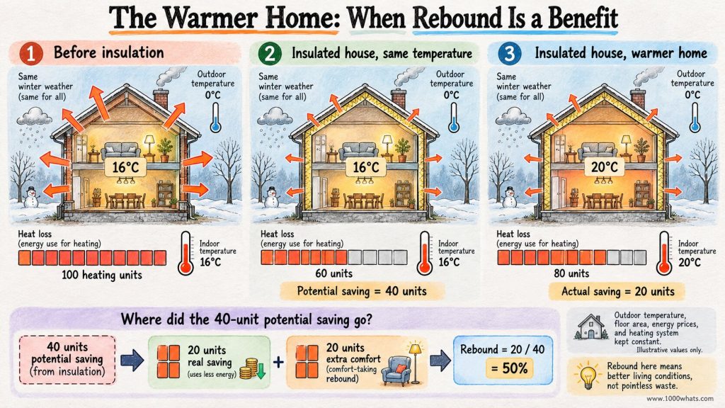 Rebound effect example showing home insulation reducing heating demand while part of the energy saving is used to raise indoor temperature from 16°C to 20°C.