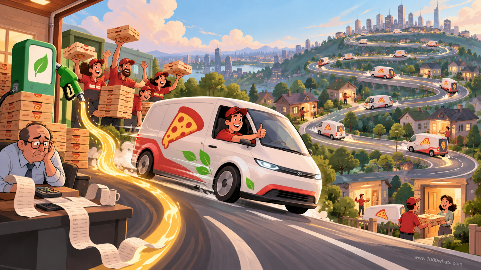Rebound effect featured image showing an efficient pizza delivery van leading to more deliveries and a larger fleet, reducing the expected energy savings.