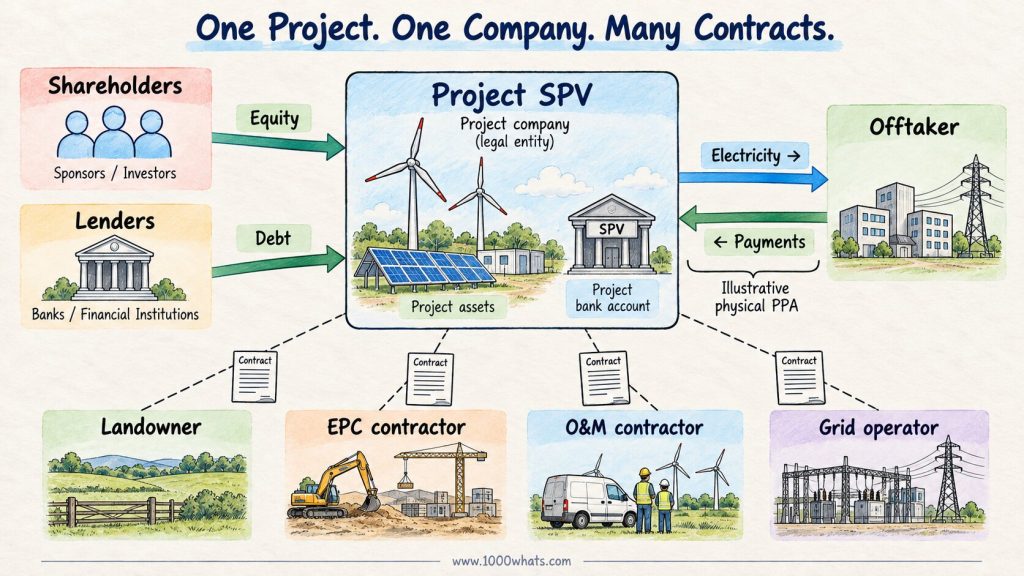 Renewable energy SPV diagram showing shareholders, lenders, offtaker, landowner, EPC contractor, O&M contractor and grid operator connected to one project company.