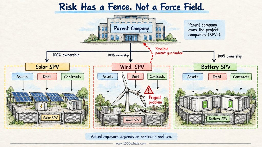 SPV structure showing separate solar, wind and battery project companies owned by a parent company, with assets, debt and contracts ring-fenced within each project.