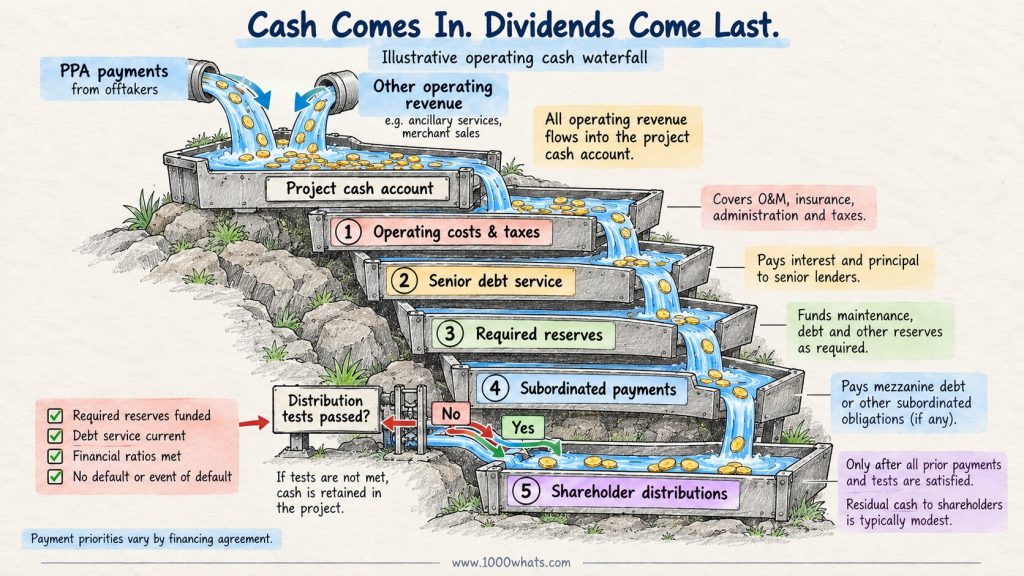 SPV cash waterfall showing project revenue paying operating costs, senior debt, reserves and subordinated obligations before shareholder distributions.