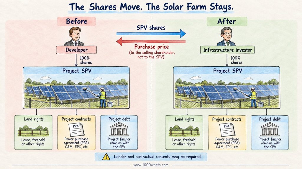 SPV share sale diagram showing a renewable project moving from developer ownership to an infrastructure investor while the project assets and contracts remain unchanged.