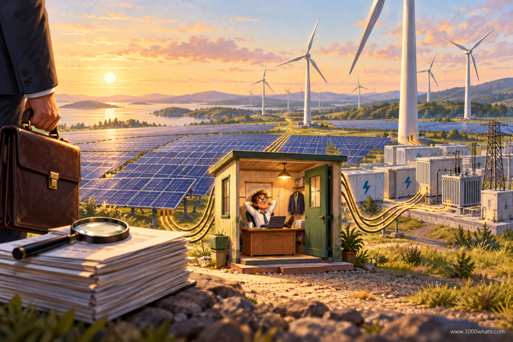 Renewable energy SPV featured image showing wind turbines, solar panels, battery storage, project paperwork and a small project office.