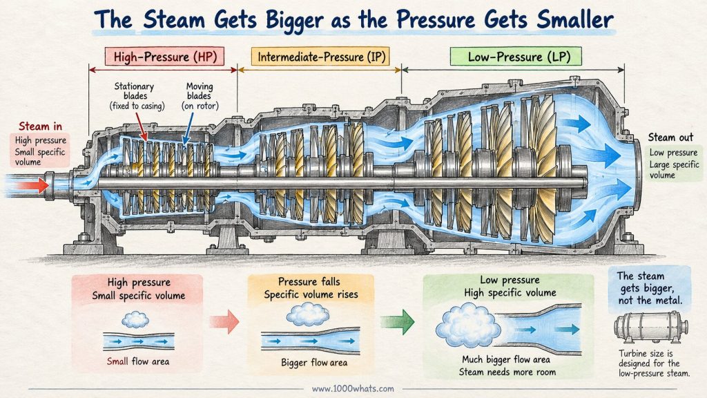 Steam turbine cutaway showing high-pressure, intermediate-pressure and low-pressure stages as steam expands and requires progressively larger flow areas.