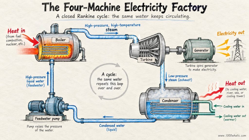 Steam turbine Rankine cycle infographic showing a boiler, turbine, generator, condenser and feedwater pump circulating water and steam to generate electricity.