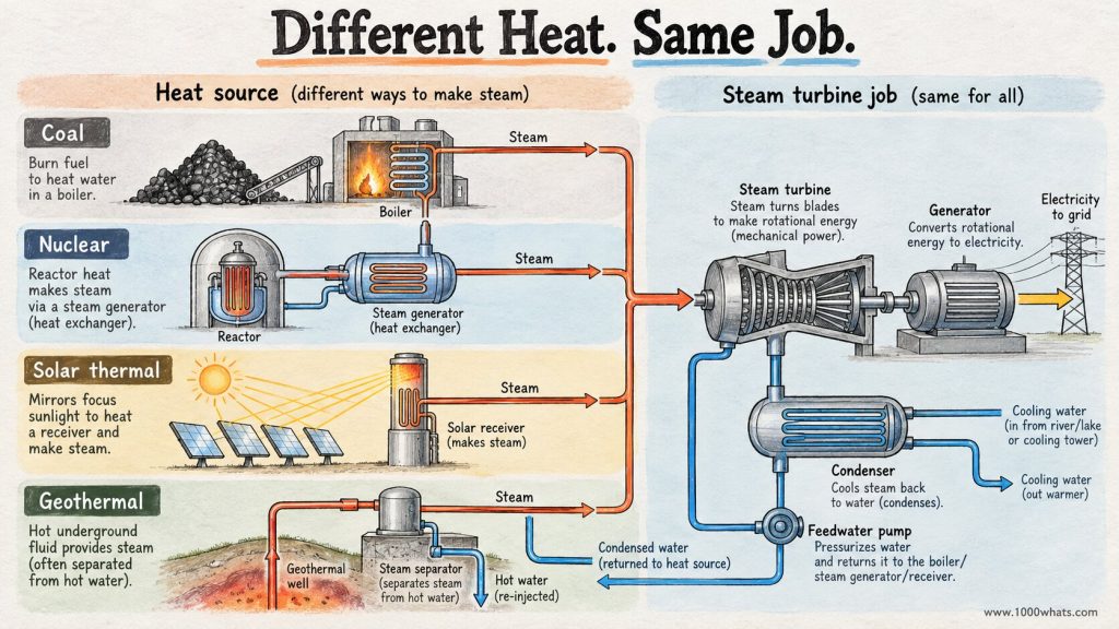 Steam turbine infographic comparing coal, nuclear, solar thermal and geothermal heat sources that produce steam to drive a turbine and generator.