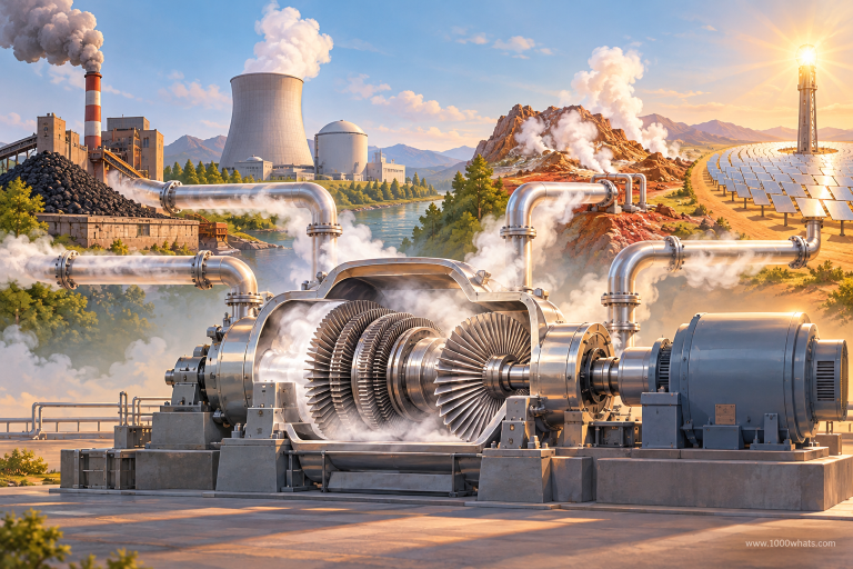 Steam turbine featured image showing a large turbine-generator with coal, nuclear, geothermal and solar thermal energy sources in the background.
