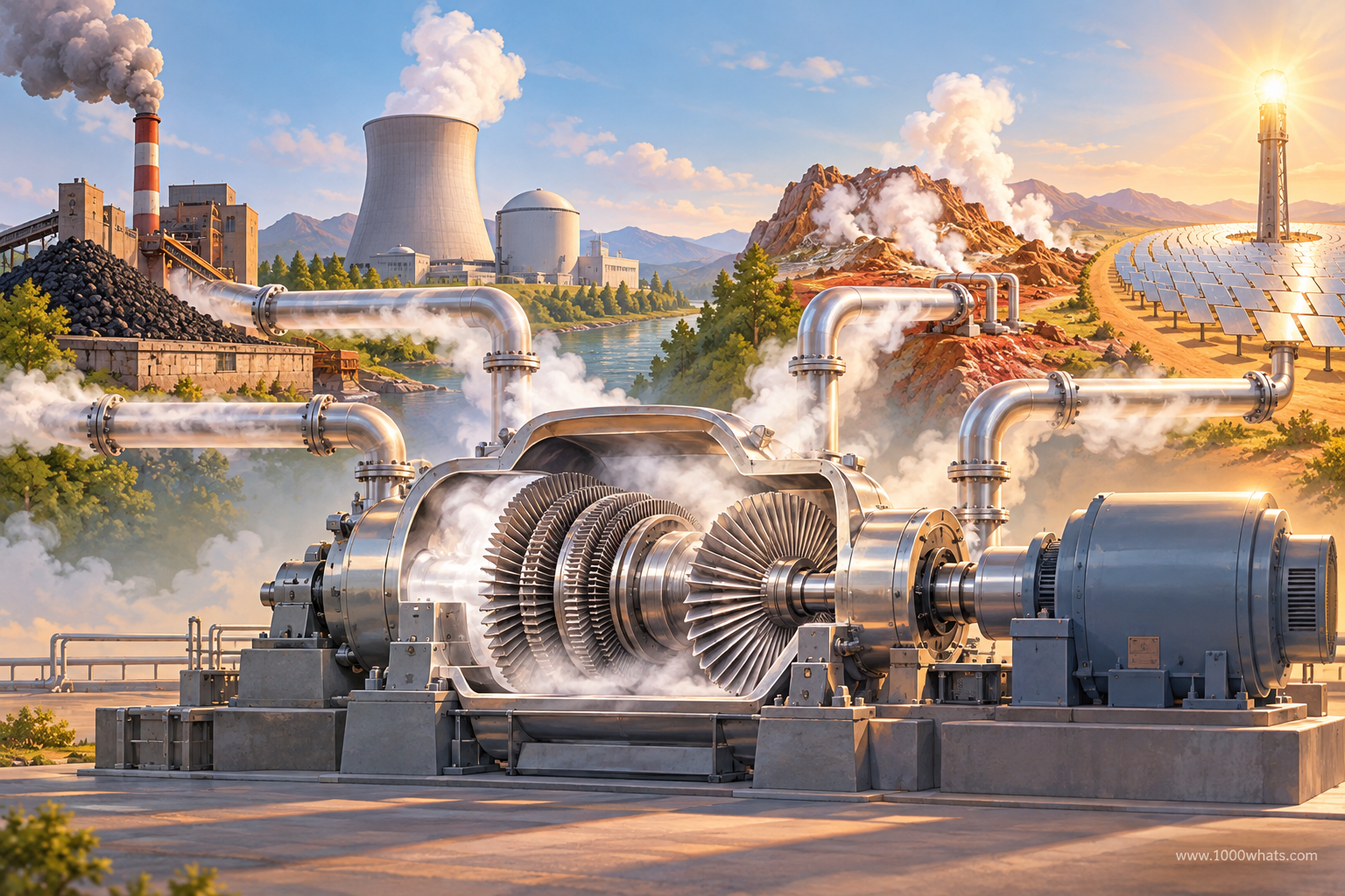 Steam turbine featured image showing a large turbine-generator with coal, nuclear, geothermal and solar thermal energy sources in the background.