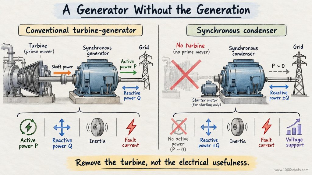 Synchronous condenser infographic comparing a conventional turbine-generator with a condenser that provides reactive power, inertia, fault current and voltage support without generating active power.