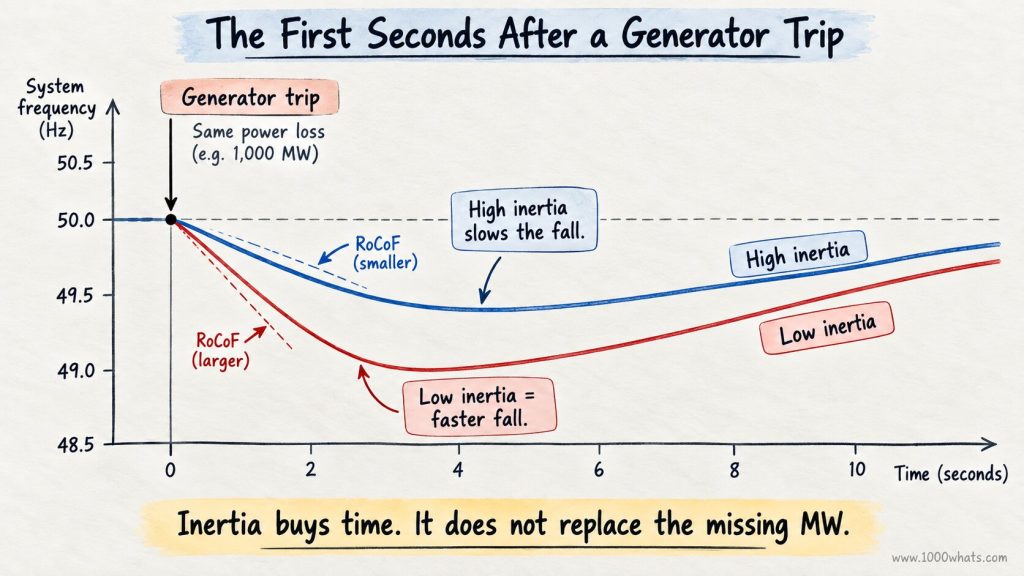 Synchronous condenser infographic showing how higher inertia slows the frequency drop after a generator trip compared with a low-inertia power system.