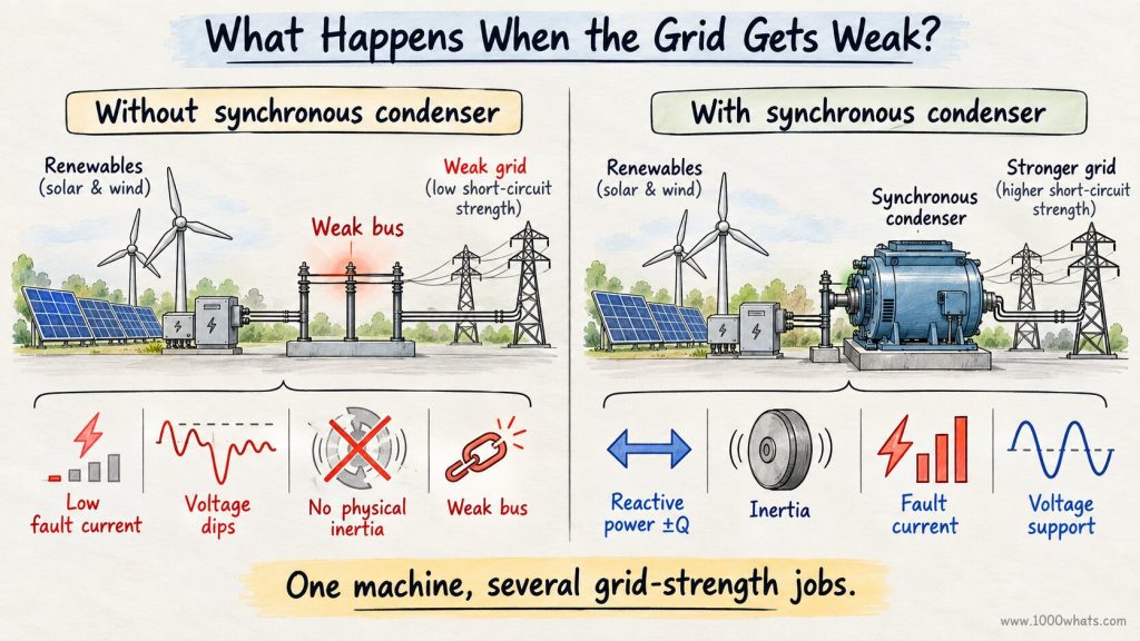 Synchronous condenser infographic comparing a weak renewable grid with a stronger grid supported by reactive power, inertia, fault current and voltage support.