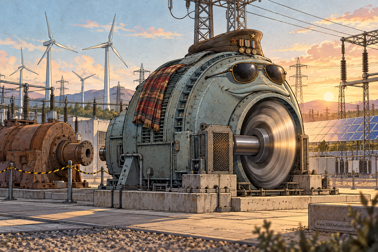 Synchronous condenser featured image showing a large rotating machine in a substation with wind turbines and solar panels in the background.