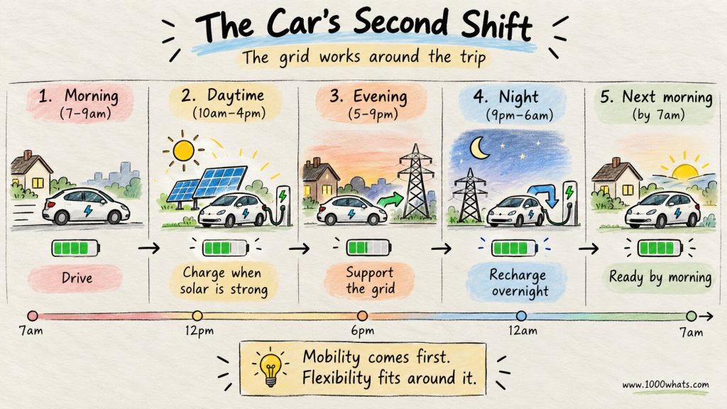 Vehicle to grid daily timeline showing an EV driving, charging during solar hours, supporting the grid in the evening, and recharging overnight.