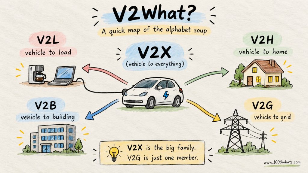 Vehicle to grid infographic showing V2G as part of V2X alongside vehicle to load, vehicle to building, and vehicle to home.