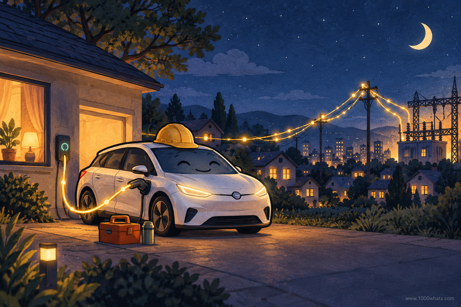 Vehicle to grid featured image showing an electric car plugged in at night and connected to the local electricity network.